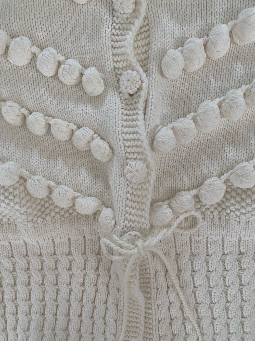 Vita Grace Ivory Bobble Knit Cardigan Balloon Sleeve Tie Waist Cotton M - Picture 14 of 16